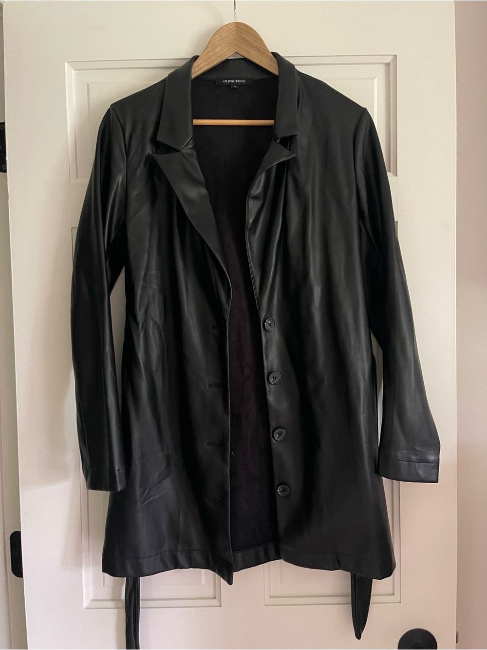 Olivaceous Black Faux Leather Button-Up Coat